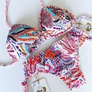 NWT Pink Floral Beaded Swimsuit Colombian Bikini Set Beaded Swimwear